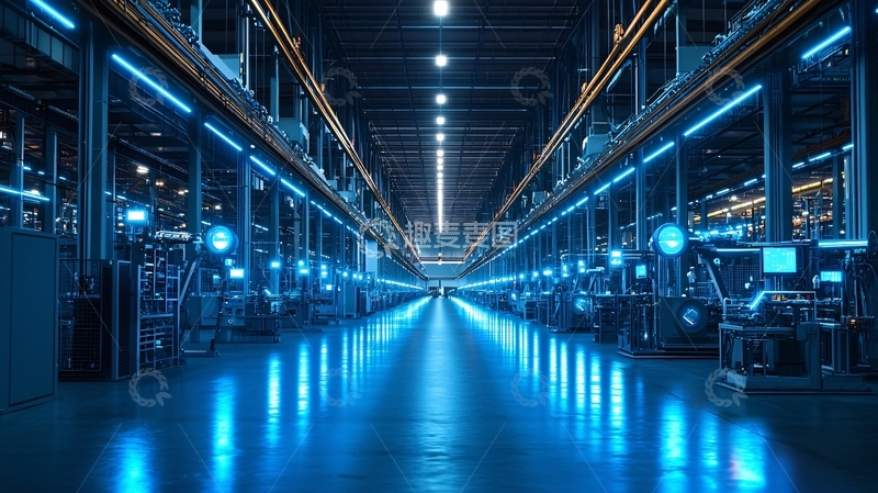 高清大图下载【趣麦麦图】蓝色灯光下的现代化工厂车间