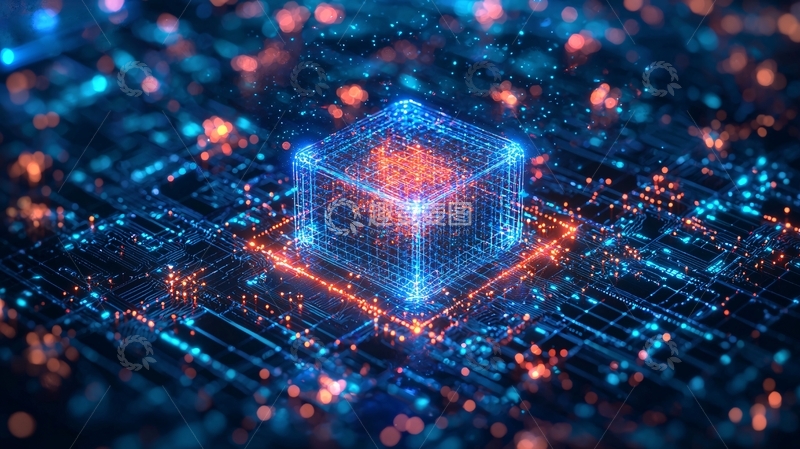 高清大图下载【趣麦麦图】科技感蓝色立方体芯片