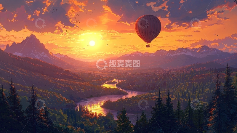高清大图下载【趣麦麦图】夕阳下的热气球山谷景色
