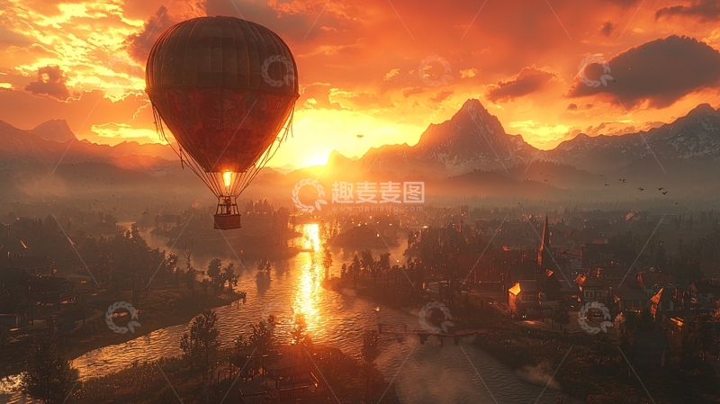 高清大图下载【趣麦麦图】夕阳下热气球飞跃山川