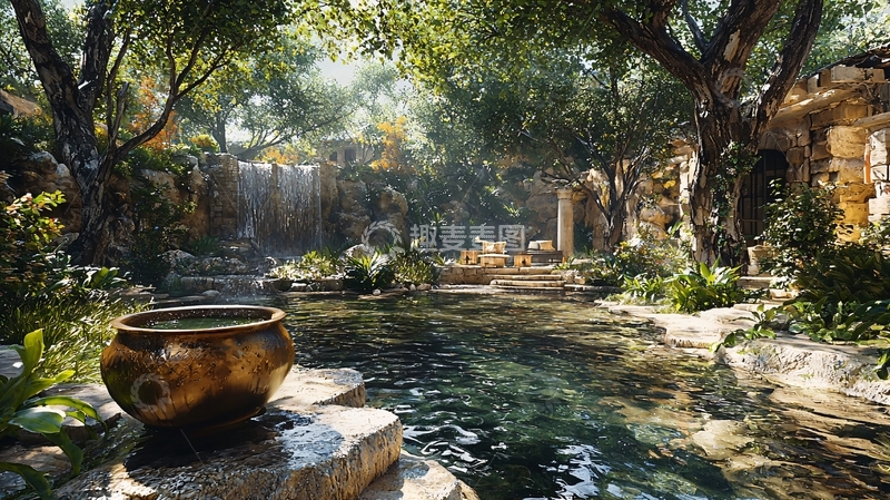 高清大图下载【趣麦麦图】阳光森林瀑布古迹