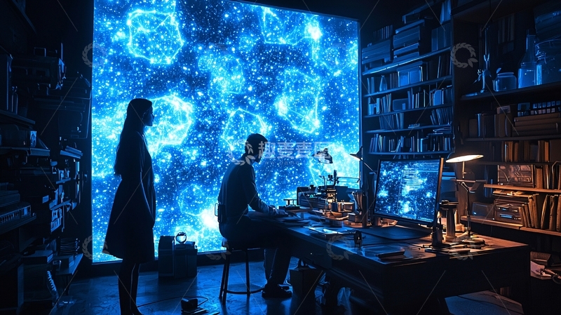 高清大图下载【趣麦麦图】蓝色星云背景书房