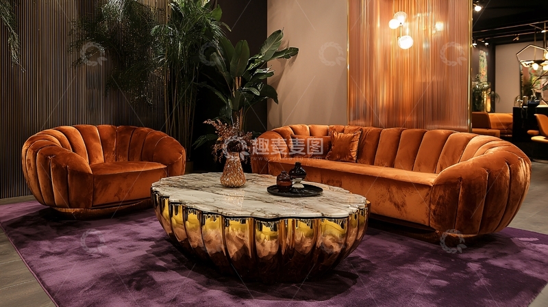 高清大图下载【趣麦麦图】橙色丝绒沙发组合