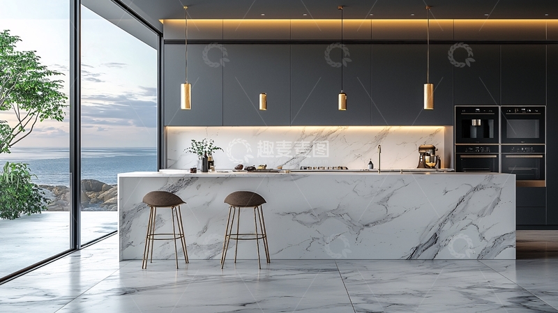 高清大图下载【趣麦麦图】现代极简海景厨房