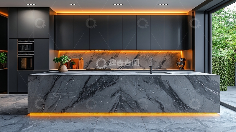 高清大图下载【趣麦麦图】现代极简黑色大理石厨房