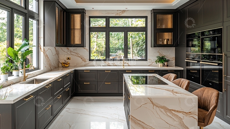 高清大图下载【趣麦麦图】现代化深色橱柜大理石台面厨房