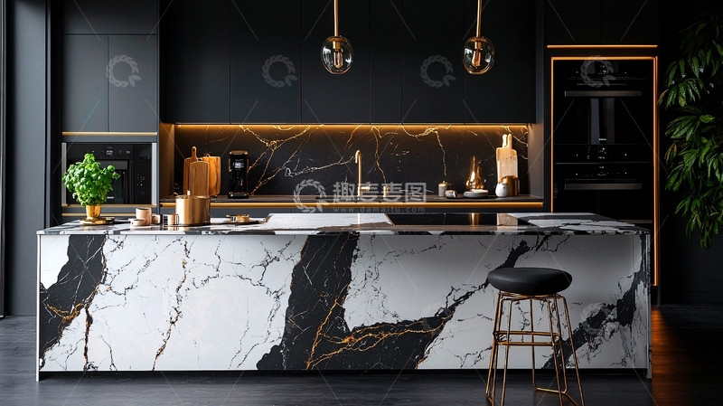 高清大图下载【趣麦麦图】现代极简黑色大理石厨房