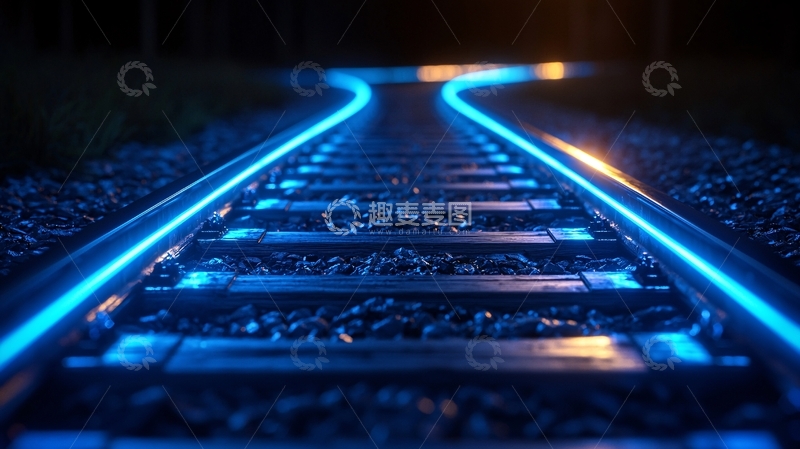 高清大图下载【趣麦麦图】蓝色霓虹灯下的铁轨