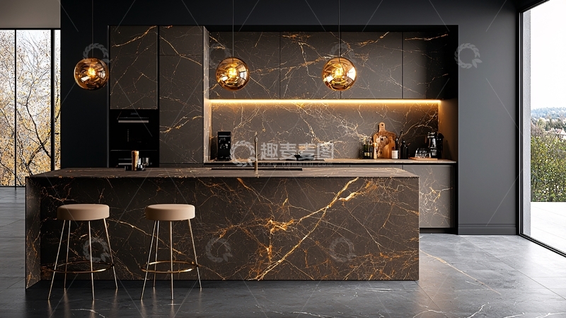 高清大图下载【趣麦麦图】现代风格黑色大理石厨房