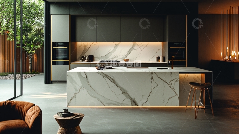 高清大图下载【趣麦麦图】现代极简风格大理石厨房