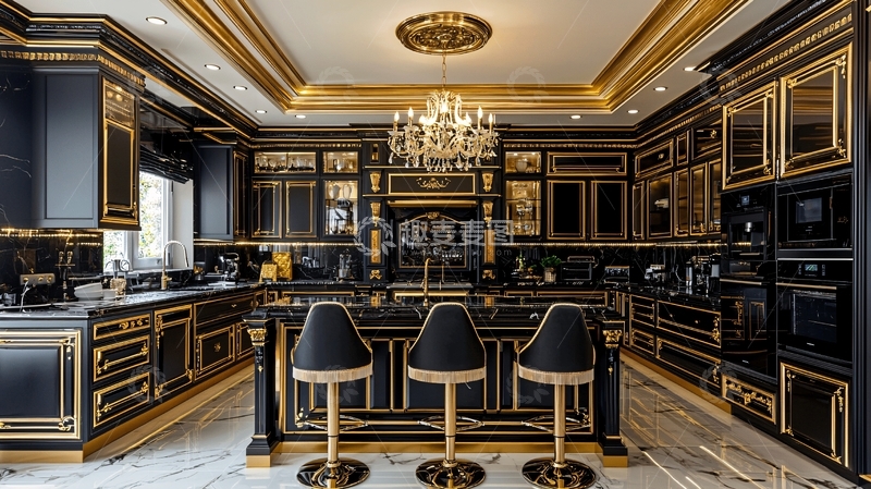 高清大图下载【趣麦麦图】奢华黑色金色欧式厨房