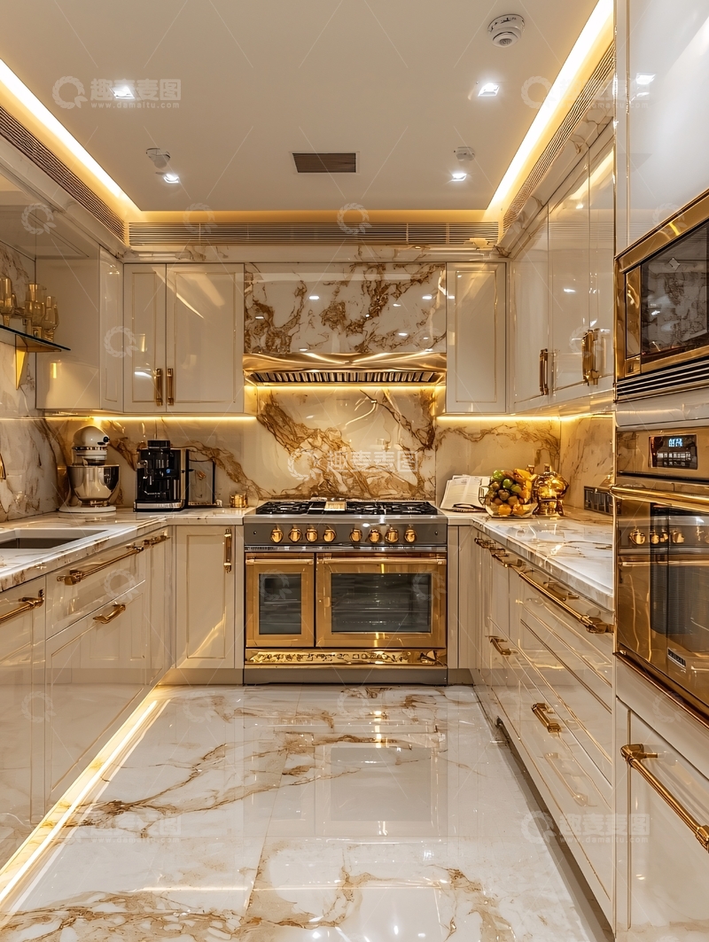 高清大图下载【趣麦麦图】奢华金色大理石厨房