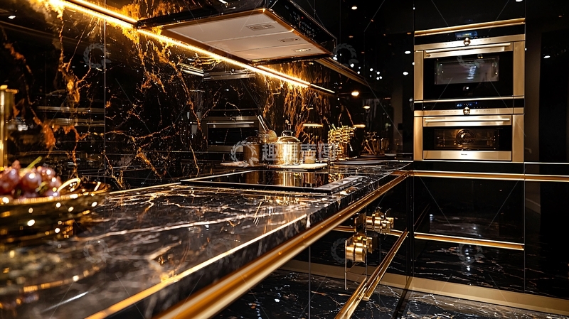 高清大图下载【趣麦麦图】奢华黑色大理石金色橱柜