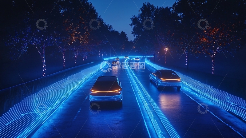 高清大图下载【趣麦麦图】夜晚公路自动驾驶汽车