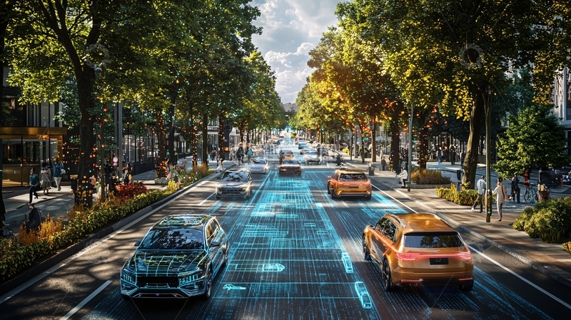 高清大图下载【趣麦麦图】树荫大道上的自动驾驶汽车