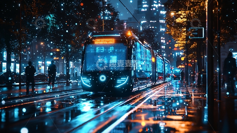 高清大图下载【趣麦麦图】夜幕下的未来都市电车