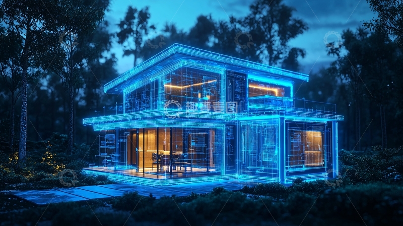 高清大图下载【趣麦麦图】夜晚森林中的智能家居