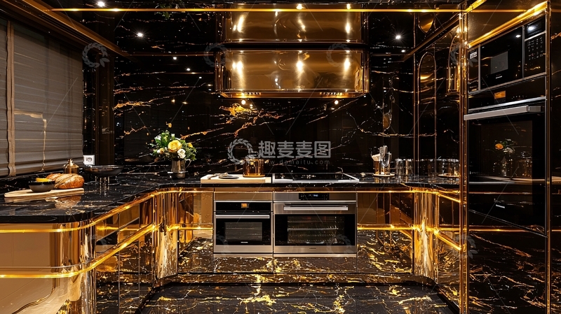 高清大图下载【趣麦麦图】奢华黑色金色现代厨房