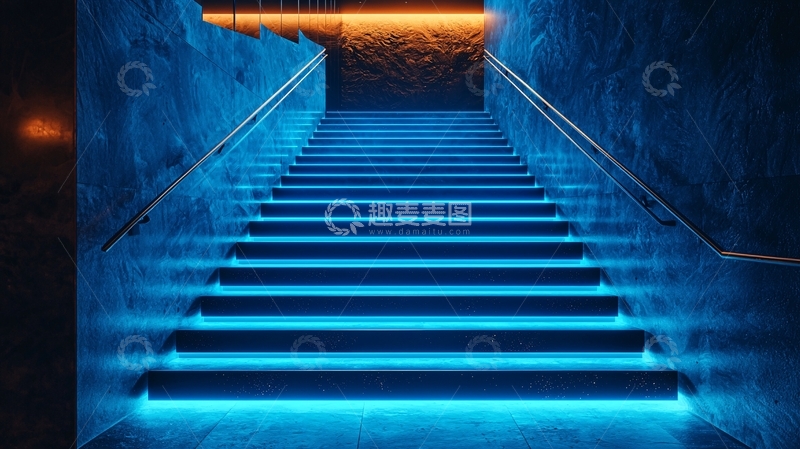 高清大图下载【趣麦麦图】蓝色灯光楼梯