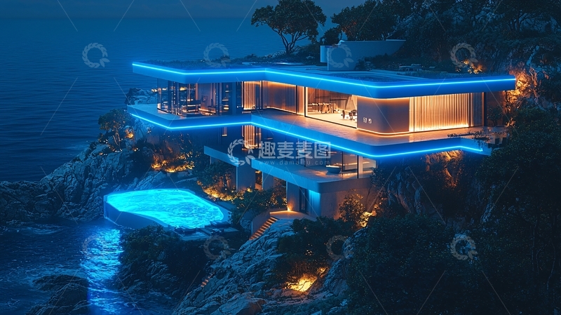 高清大图下载【趣麦麦图】海边现代别墅夜景
