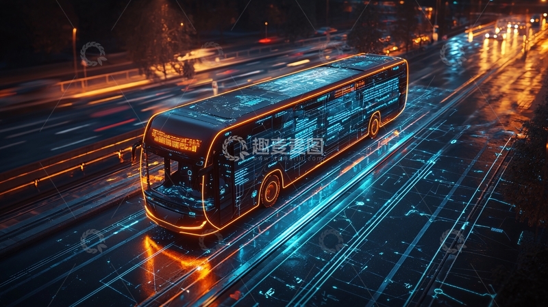 高清大图下载【趣麦麦图】夜晚城市自动驾驶公交车