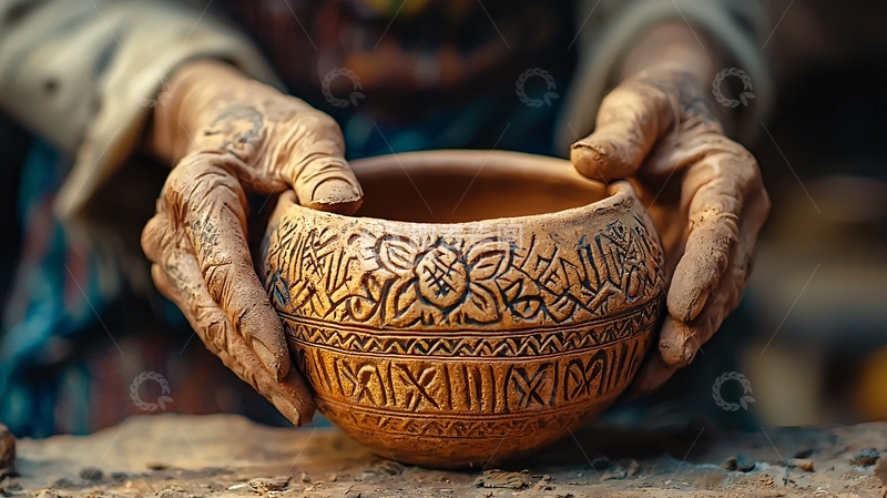 高清大图下载【趣麦麦图】老妇人双手捧着陶土陶罐