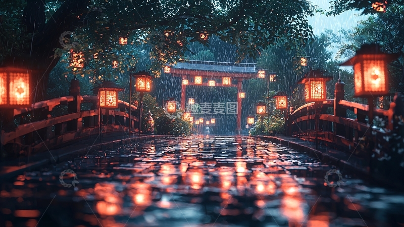 高清大图下载【趣麦麦图】雨夜日式小桥灯笼
