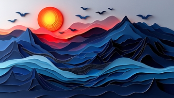 夕阳剪纸山峦景色