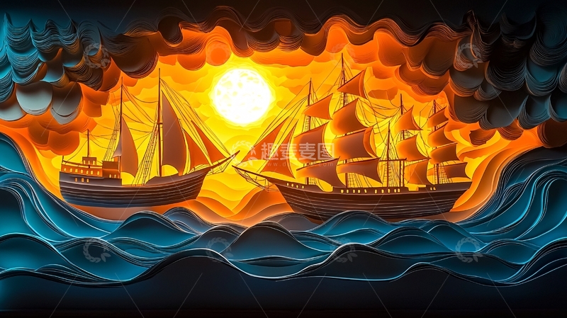 高清大图下载【趣麦麦图】剪纸帆船日落海浪