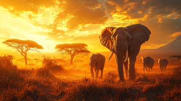 非洲夕阳下的大象群