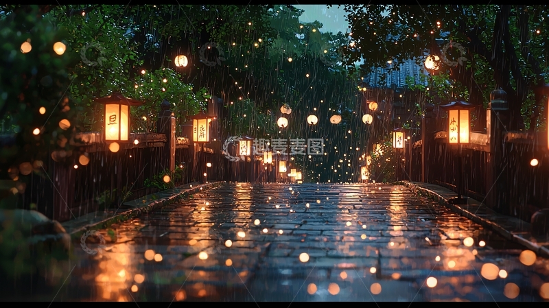 高清大图下载【趣麦麦图】雨夜小桥灯光