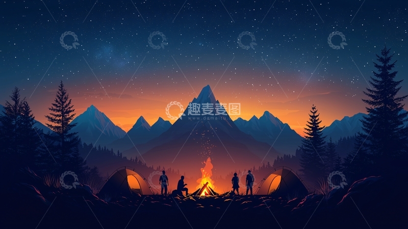 高清大图下载【趣麦麦图】星空下篝火晚会