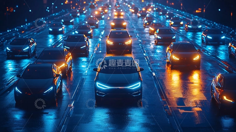 高清大图下载【趣麦麦图】夜晚高速公路拥堵