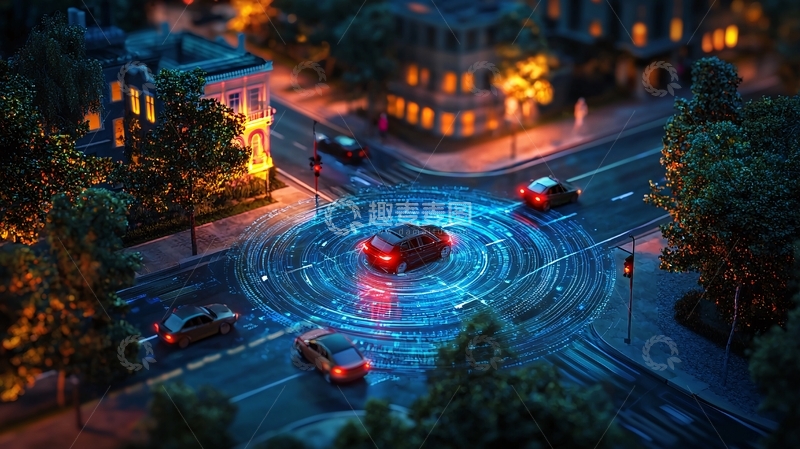高清大图下载【趣麦麦图】夜晚城市道路自动驾驶汽车