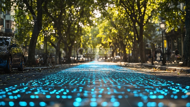 高清大图下载【趣麦麦图】绿树成荫街道科技感道路