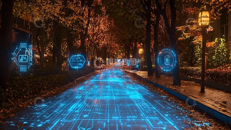 高清大图下载【趣麦麦图】夜晚树林小路科技感