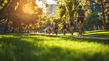 夕阳下骑行的人群