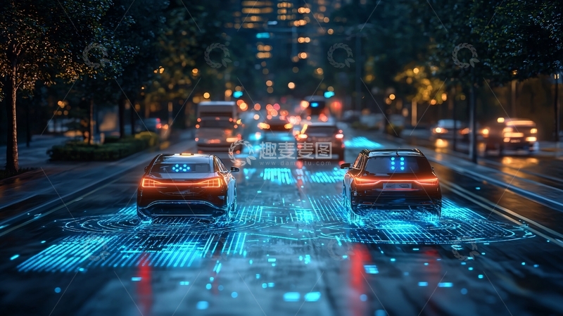 高清大图下载【趣麦麦图】夜晚城市道路自动驾驶汽车