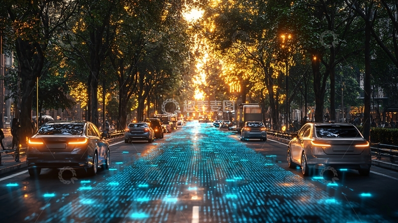 高清大图下载【趣麦麦图】夕阳下智能道路上的汽车