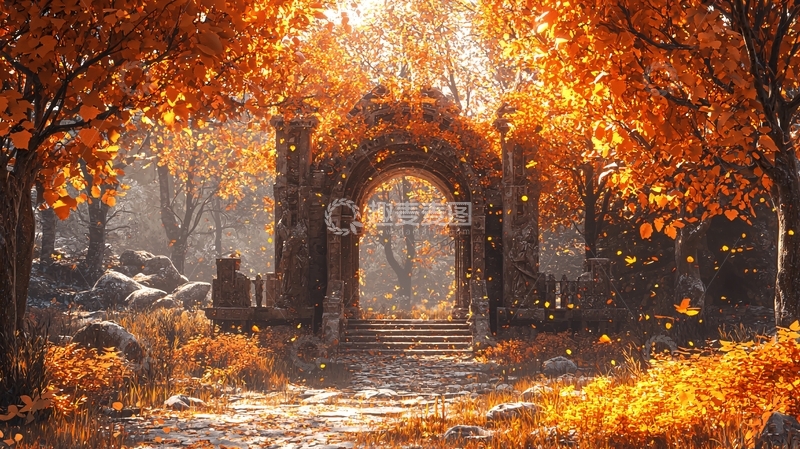高清大图下载【趣麦麦图】秋日森林石拱门