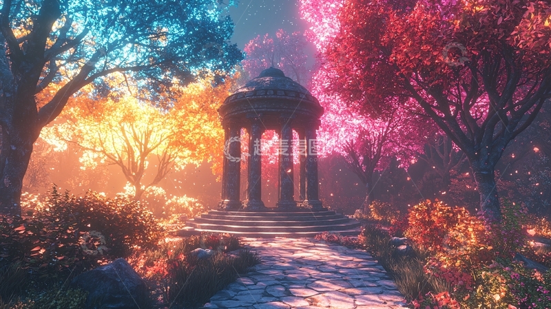 高清大图下载【趣麦麦图】梦幻彩色树林神庙