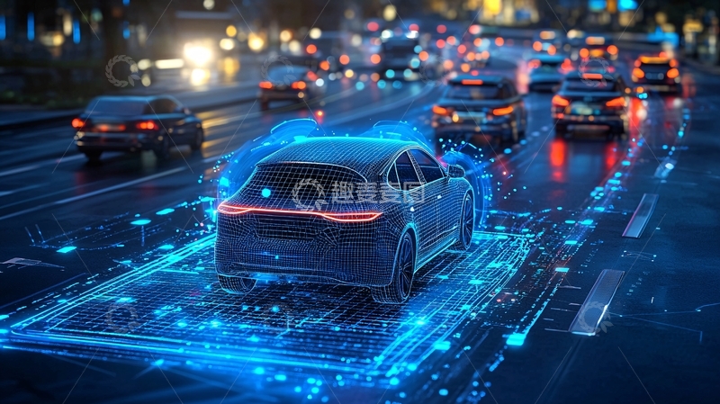 高清大图下载【趣麦麦图】夜间城市道路自动驾驶汽车
