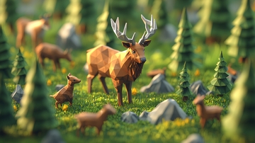 低多边形鹿群森林场景