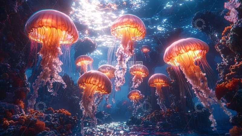 高清大图下载【趣麦麦图】深海发光水母群