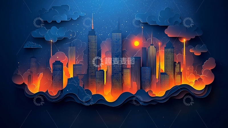 高清大图下载【趣麦麦图】燃火都市剪纸风格