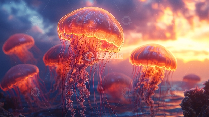 高清大图下载【趣麦麦图】日落时分发光的红色水母