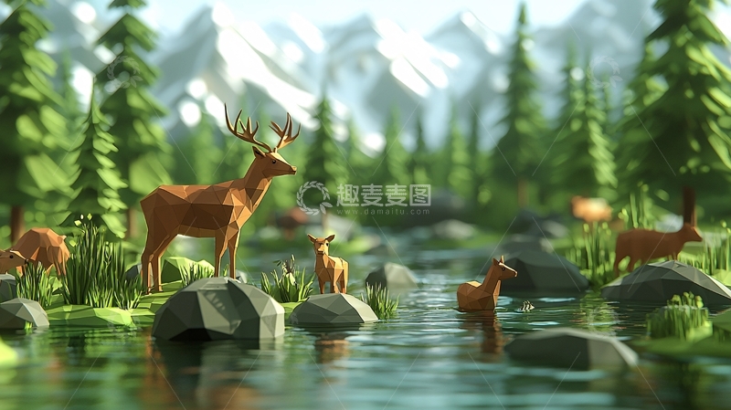 低多边形森林鹿群