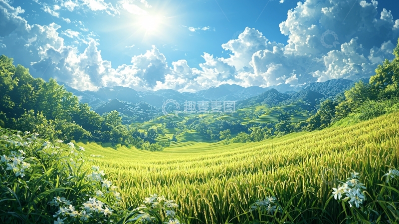 高清大图下载【趣麦麦图】阳光明媚的山谷田园风光