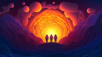 三人剪纸风格宇宙奇观