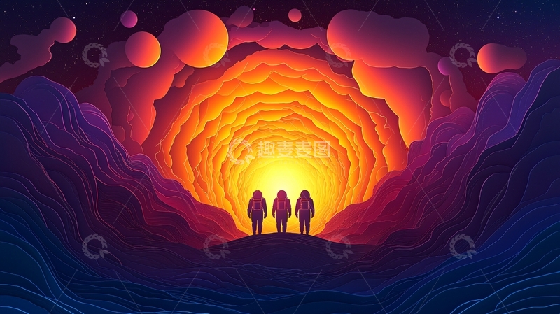 高清大图下载【趣麦麦图】三人剪纸风格宇宙奇观